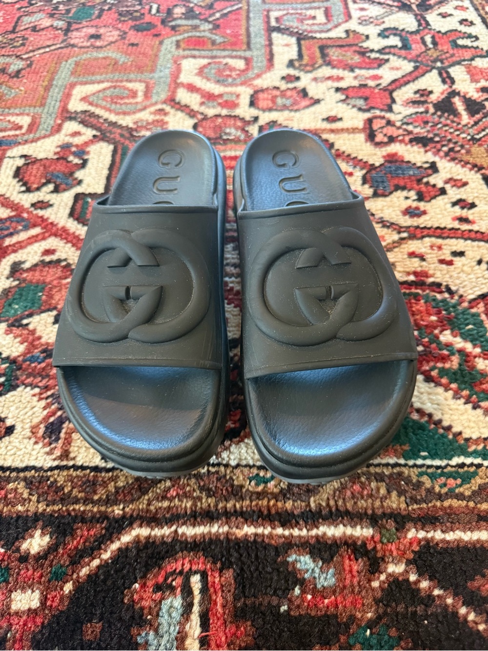 Gucci Black Rubber Slide Sandals with Raised GG Emblem